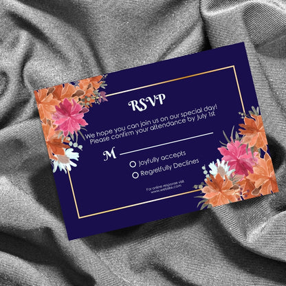 Dark Minimalist Orange Floral Wedding Invitation Set - 5x7 Invitation, 4x5 Details, 3.5.x5 RSVP