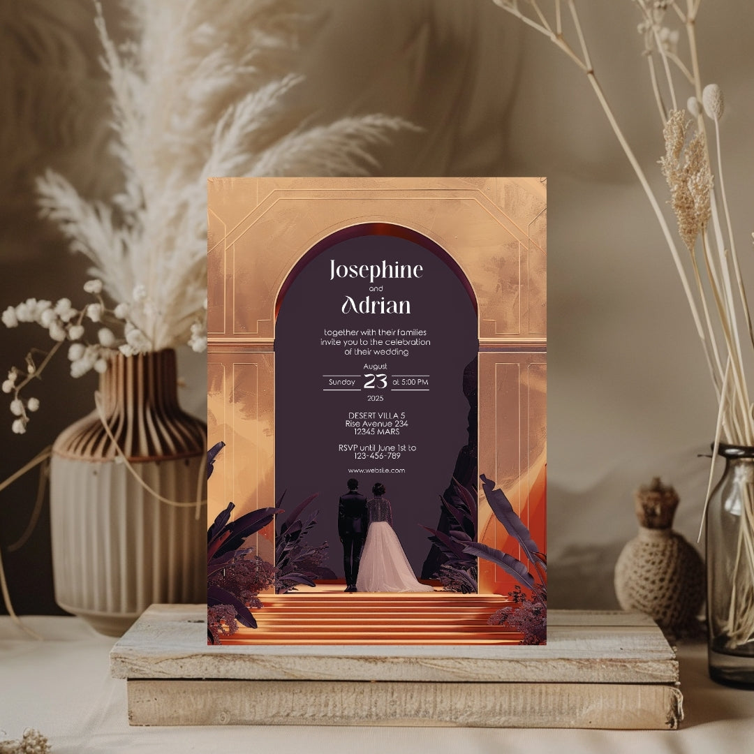 Red Dune Desert Couple Gold Arch Wedding Invitation