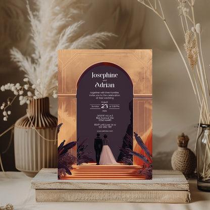 Red Dune Desert Couple Gold Arch Wedding Invitation