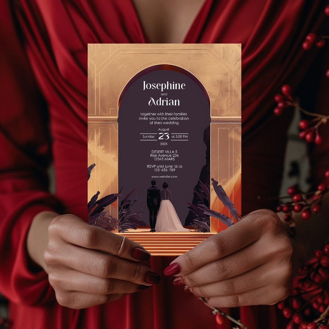 Red Dune Desert Couple Gold Arch Wedding Invitation