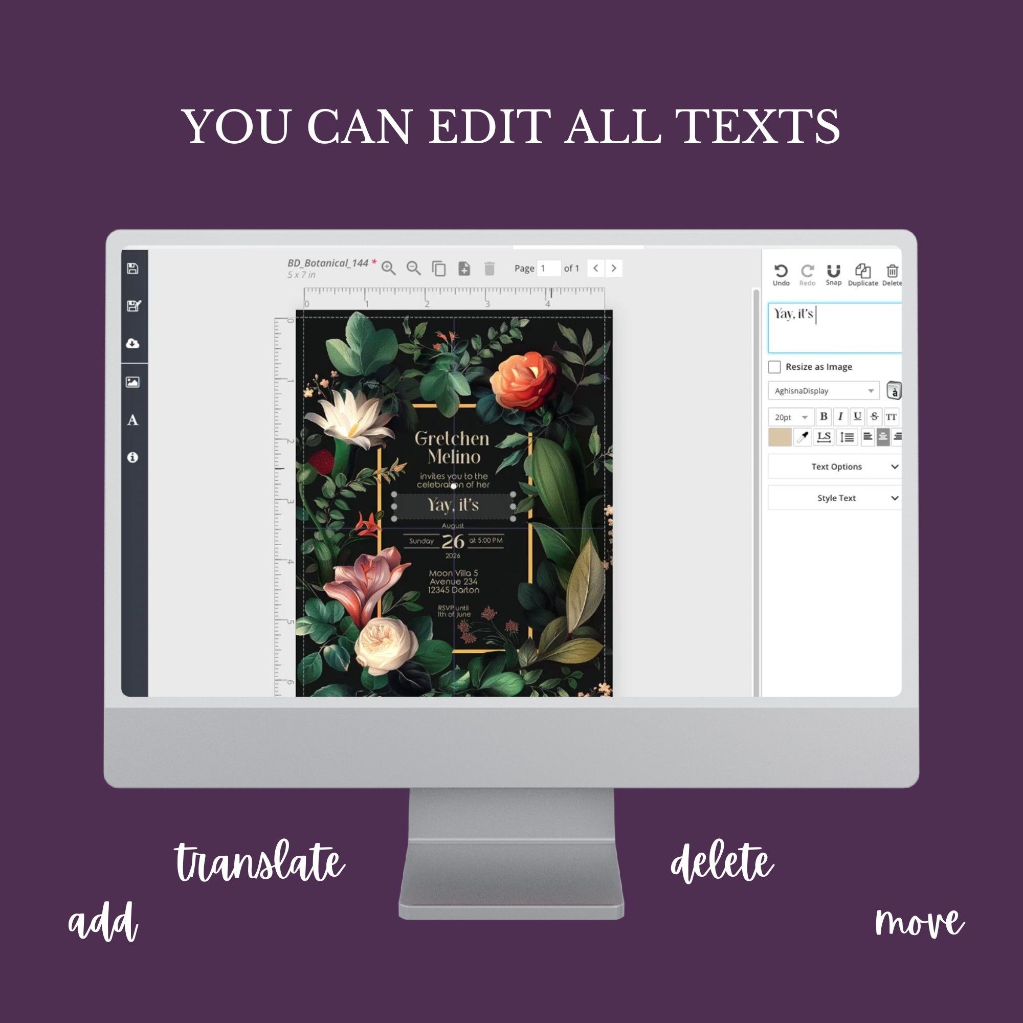 Load video: video - edit all texts: add, delete, translate, move.