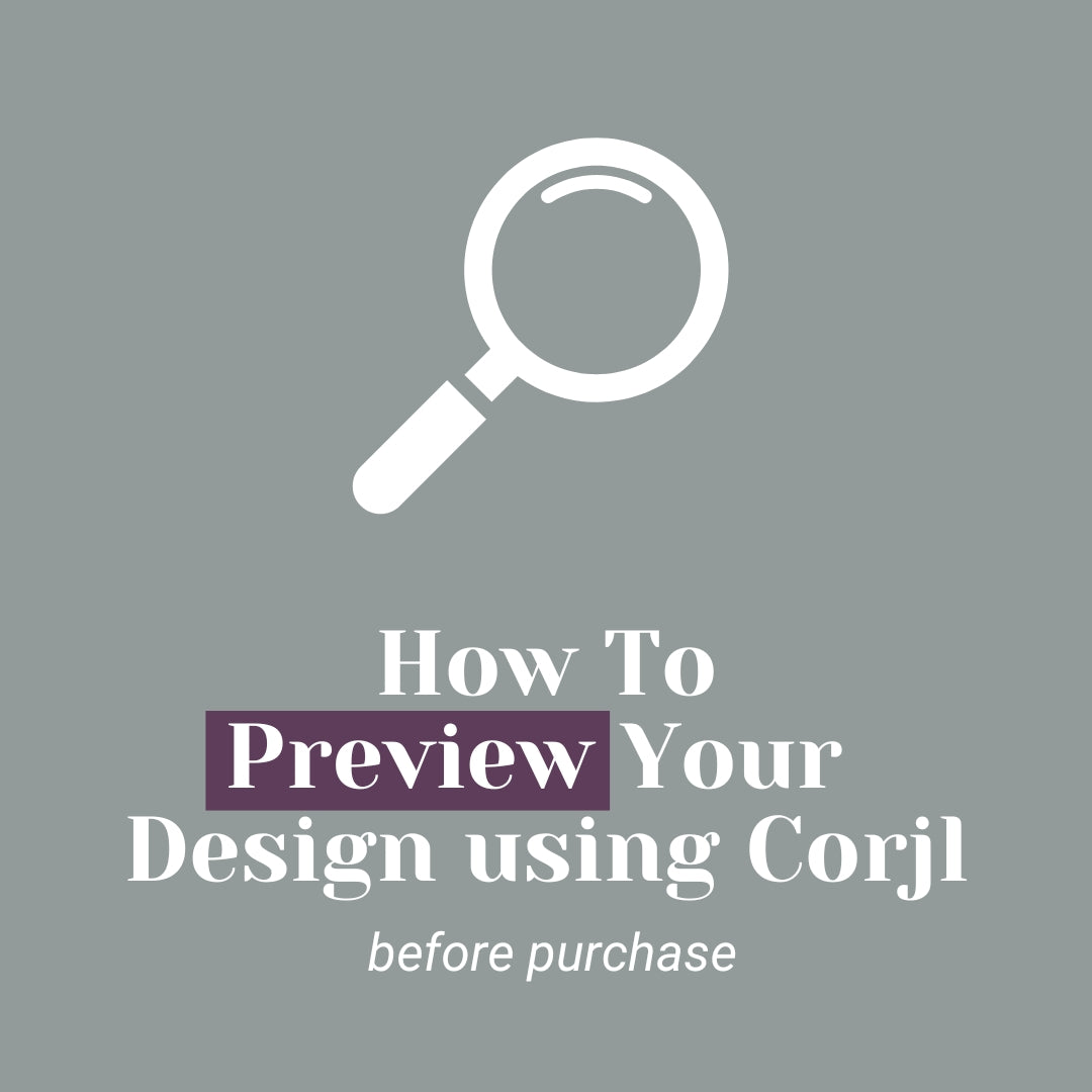 Load video: A tutorial graphic titled &quot;How to Preview Your Design using Corjl&quot; with a magnifying glass icon indicates steps for previewing the invitation template before purchase.