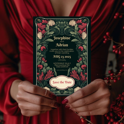 Enchanted Green Garden Red Floral Wedding Invitation