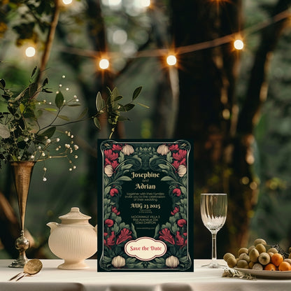 Enchanted Green Garden Red Floral Wedding Invitation