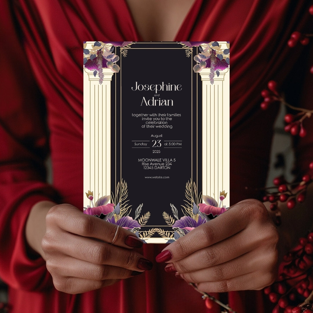 White Cream Roman Pillar Art Deco Wedding Invitation