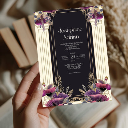 White Cream Roman Pillar Art Deco Wedding Invitation