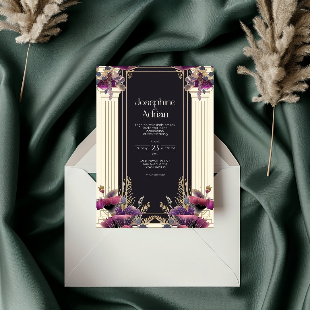 White Cream Roman Pillar Art Deco Wedding Invitation