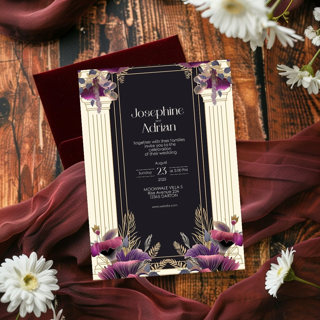 White Cream Roman Pillar Art Deco Wedding Invitation