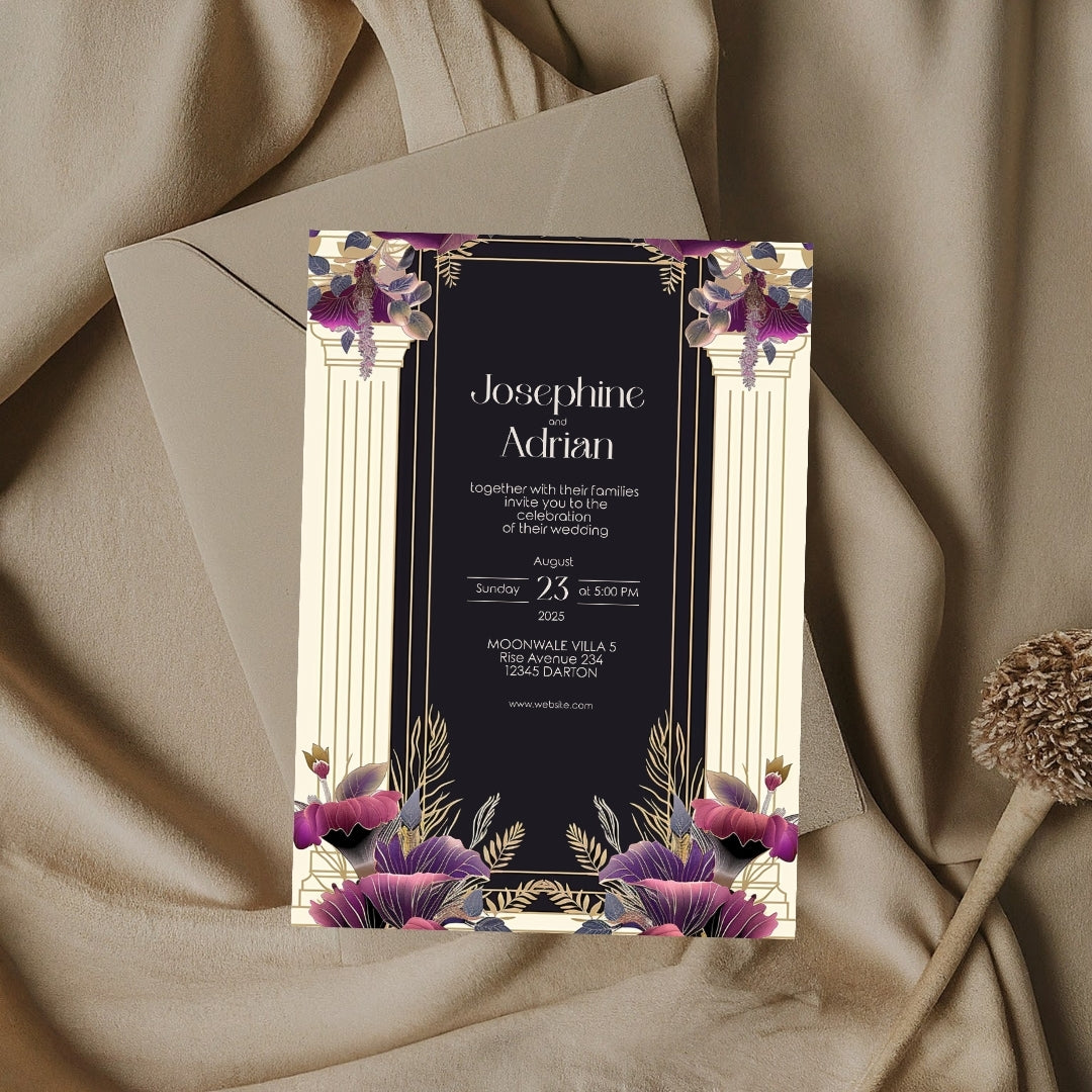 White Cream Roman Pillar Art Deco Wedding Invitation