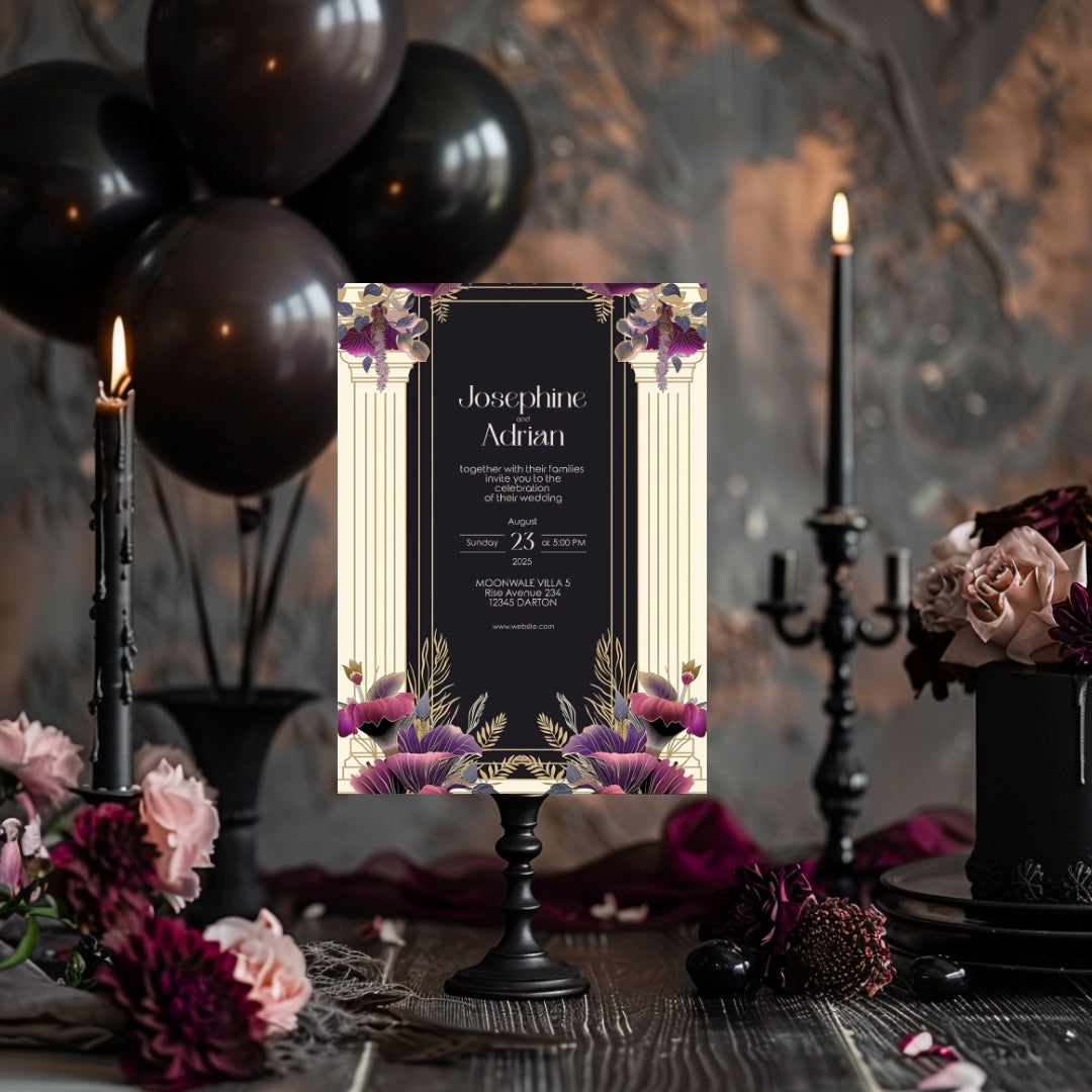 White Cream Roman Pillar Art Deco Wedding Invitation