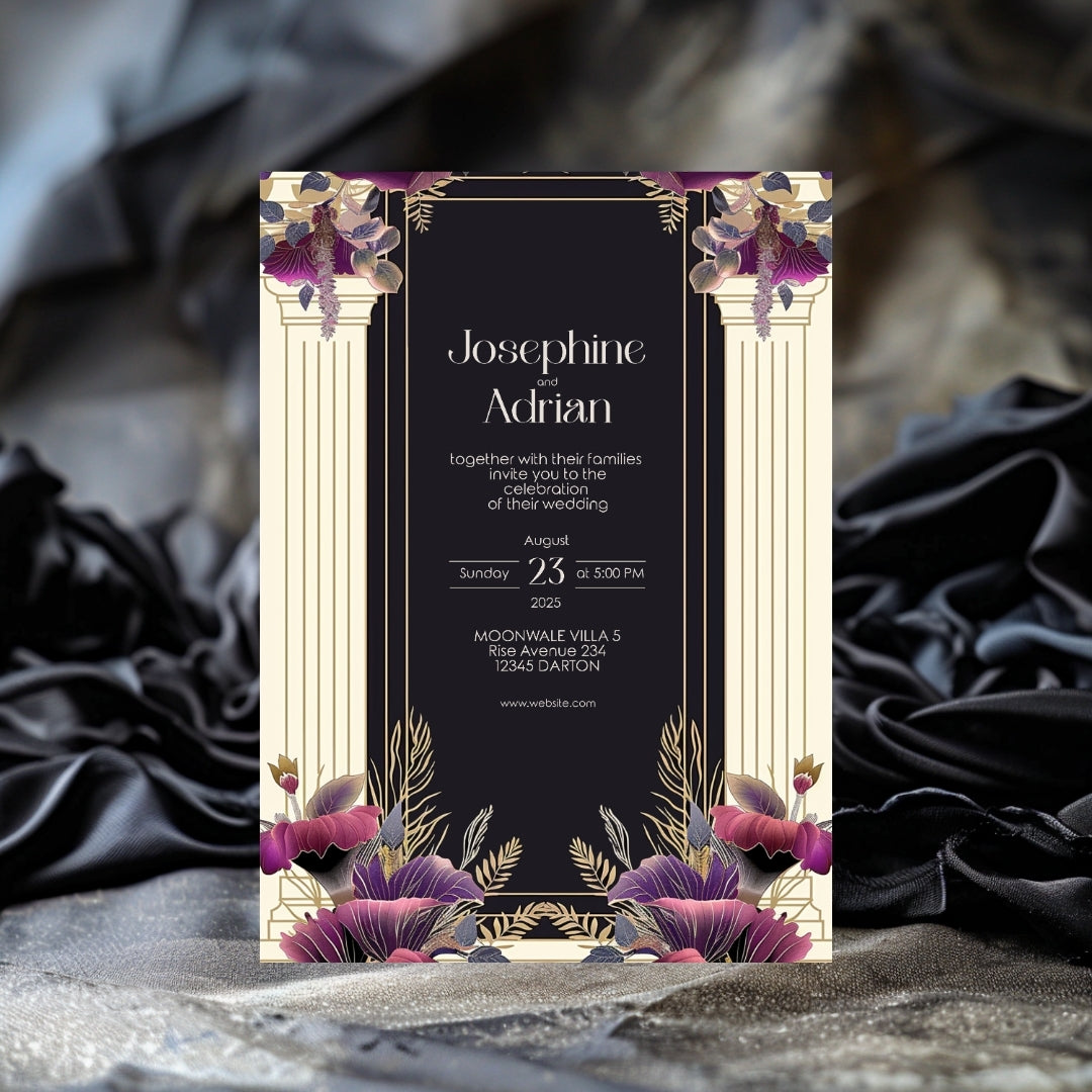 White Cream Roman Pillar Art Deco Wedding Invitation
