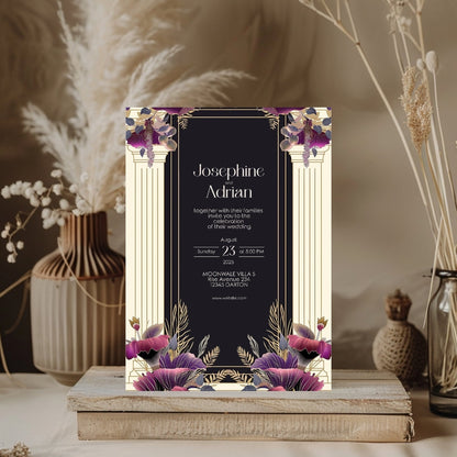White Cream Roman Pillar Art Deco Wedding Invitation