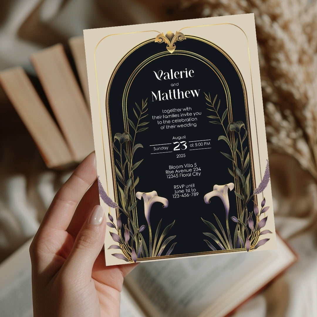 Elegant Floral Art Deco Wedding Invitation