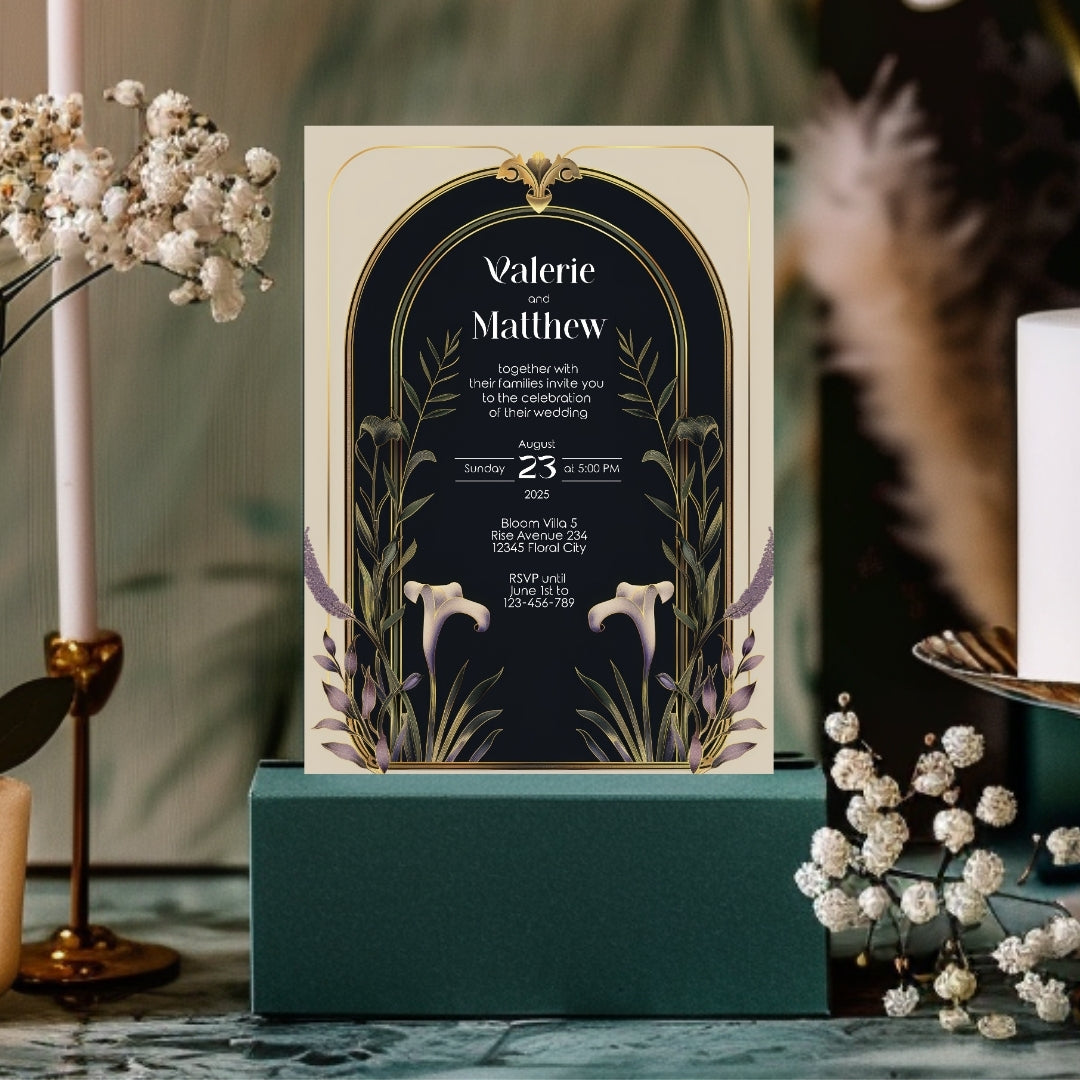 Elegant Floral Art Deco Wedding Invitation