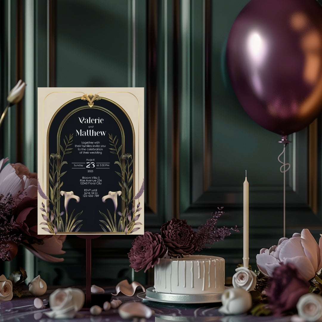 Elegant Floral Art Deco Wedding Invitation