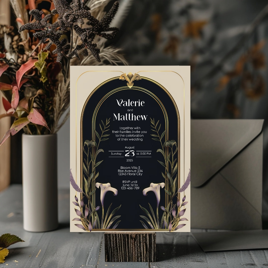 Elegant Floral Art Deco Wedding Invitation