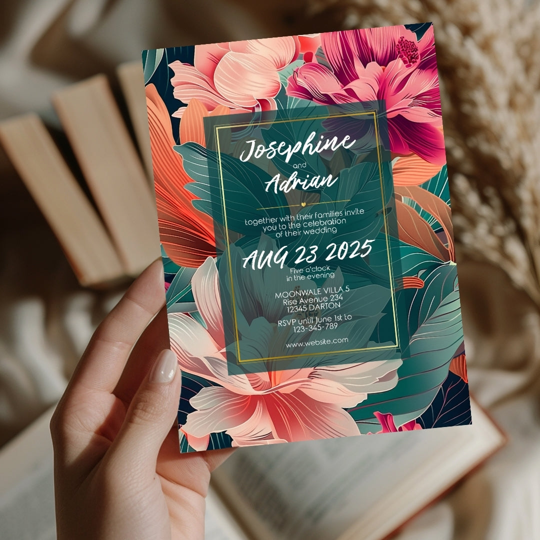 Teal and Orange Florals Minimalist Wedding Invitation