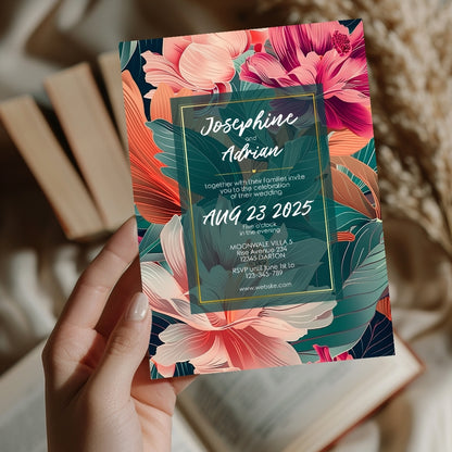 Teal and Orange Florals Minimalist Wedding Invitation