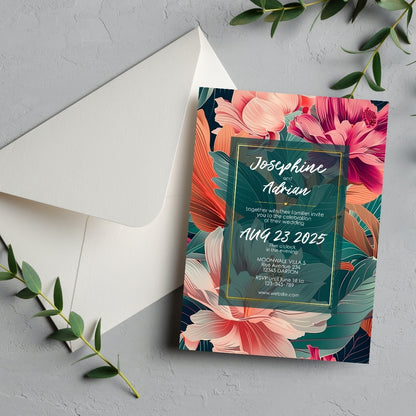 Teal and Orange Florals Minimalist Wedding Invitation