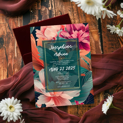 Teal and Orange Florals Minimalist Wedding Invitation