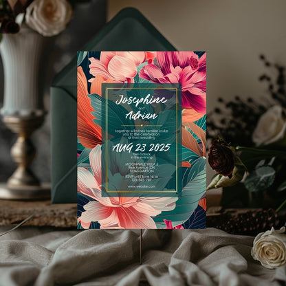 Teal and Orange Florals Minimalist Wedding Invitation