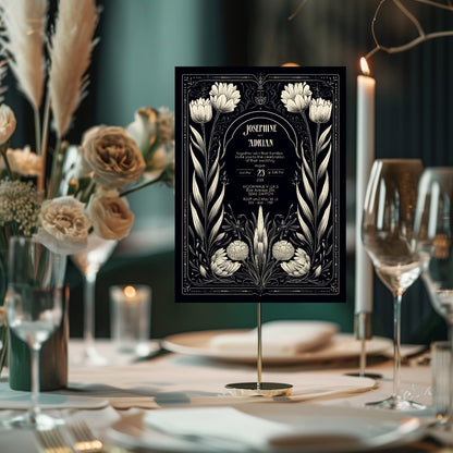 A Gothic-style invitation with white floral details sits on a dimly lit dinner table with flowers and candles, creating an intimate, vintage atmosphere. The names and event details are centered.
