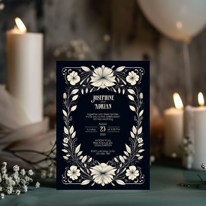 White Floral Gothic Frame Wedding Invitation