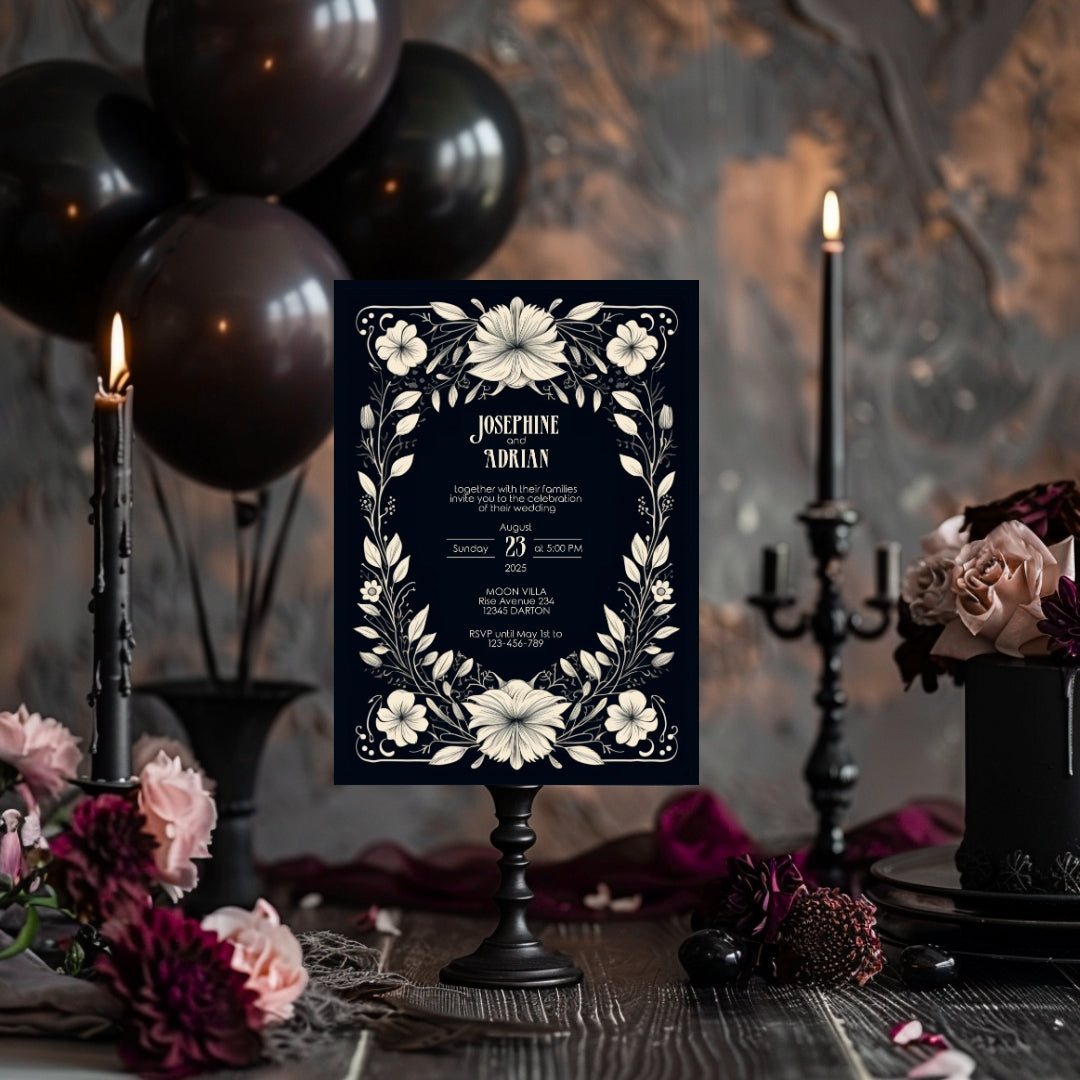 White Floral Gothic Frame Wedding Invitation