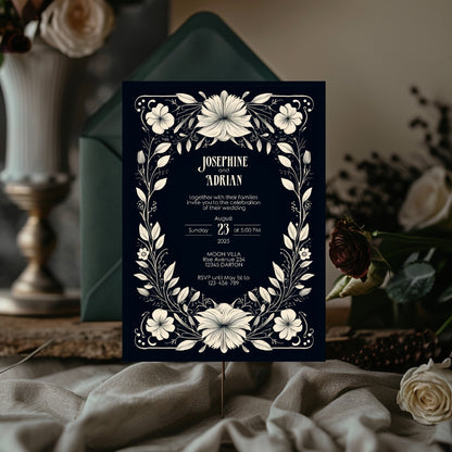 White Floral Gothic Frame Wedding Invitation