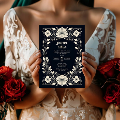 White Floral Gothic Frame Wedding Invitation