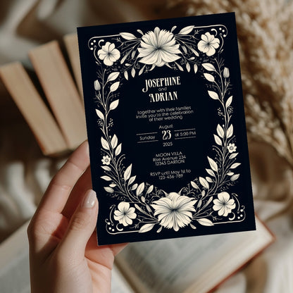 White Floral Gothic Frame Wedding Invitation