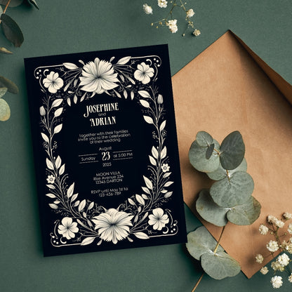 White Floral Gothic Frame Wedding Invitation